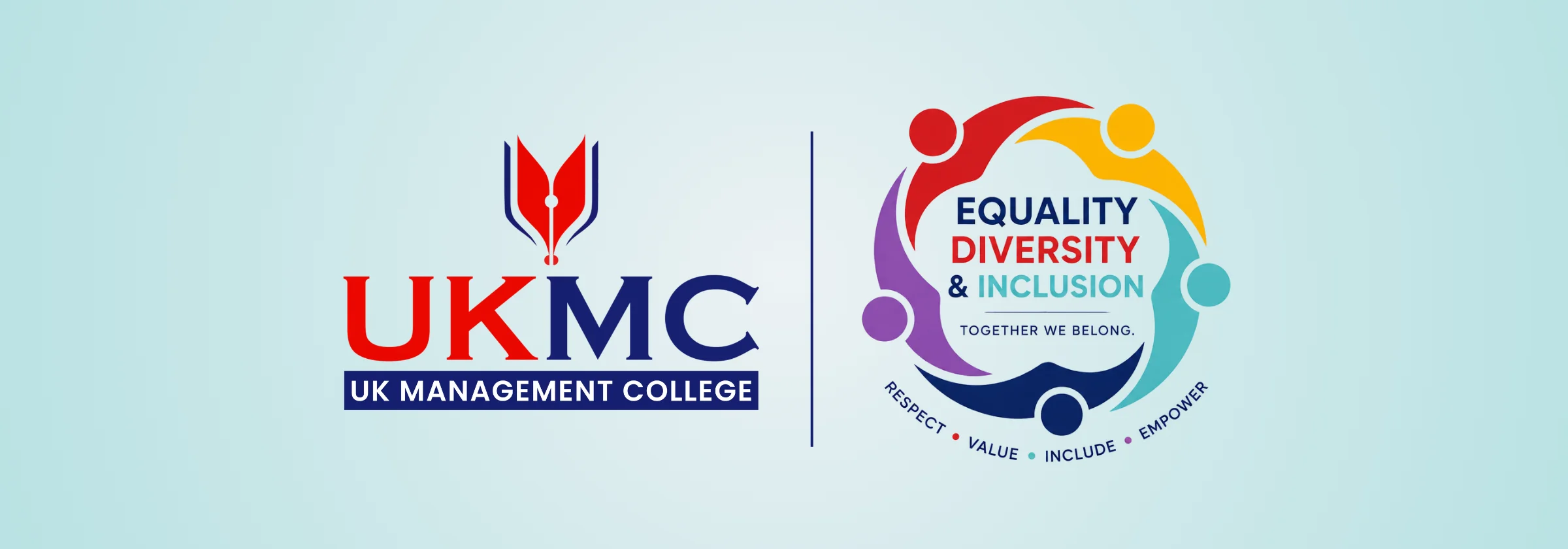 UK Management College logo alongside the Equality, Diversity and Inclusion logo: Together we belong. Respect, value, include, empower.